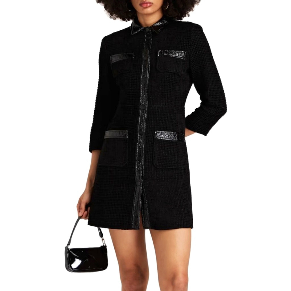 Maje Tweed Black Velvet Rinili Mini Dress Faux Leather Trim Pockets Sz 36 / US 4 - Picture 2 of 15